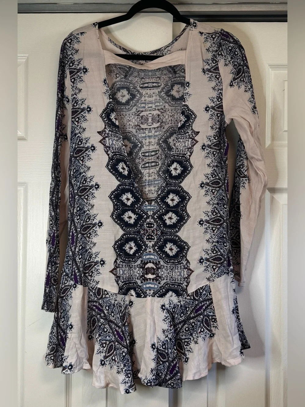 Free People White with Blue Paisley Printed Tunic Blouse/Dress - Size S
